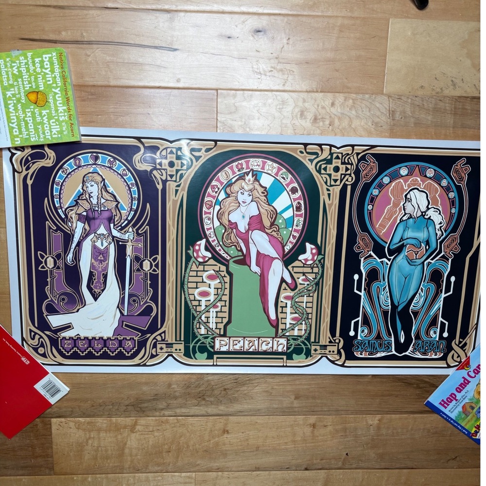Nintendo Art Nouveau Poster Unisex 36x18 Multicolor Zelda Peach Samus Triptych
